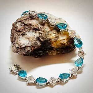 Cubic Zirconia and Simulated Blue Aquamarine Tennis Bracelet